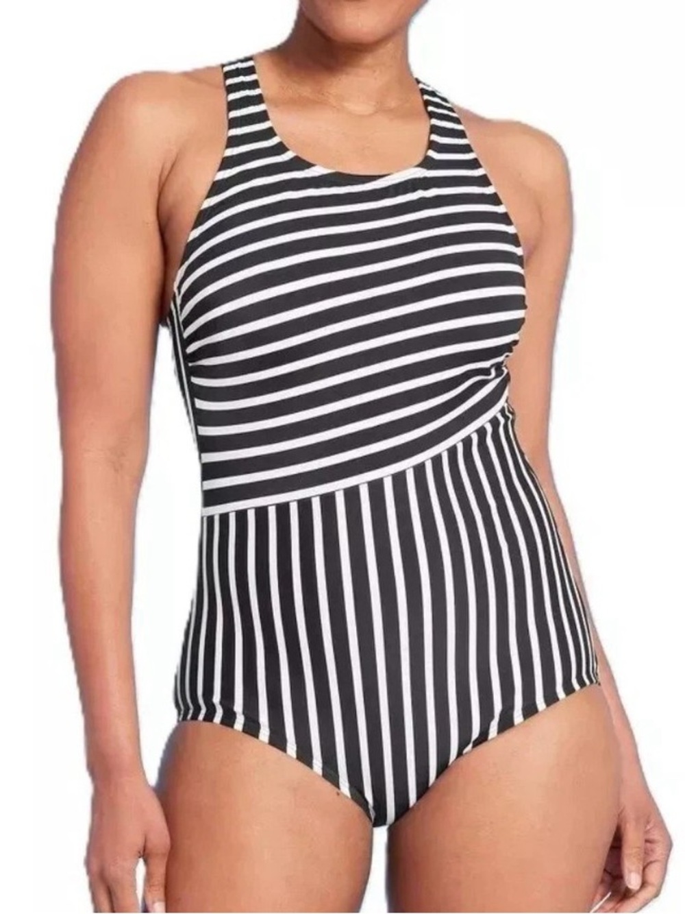 Lands' End Black and White Striped One-Piece Swimsuit